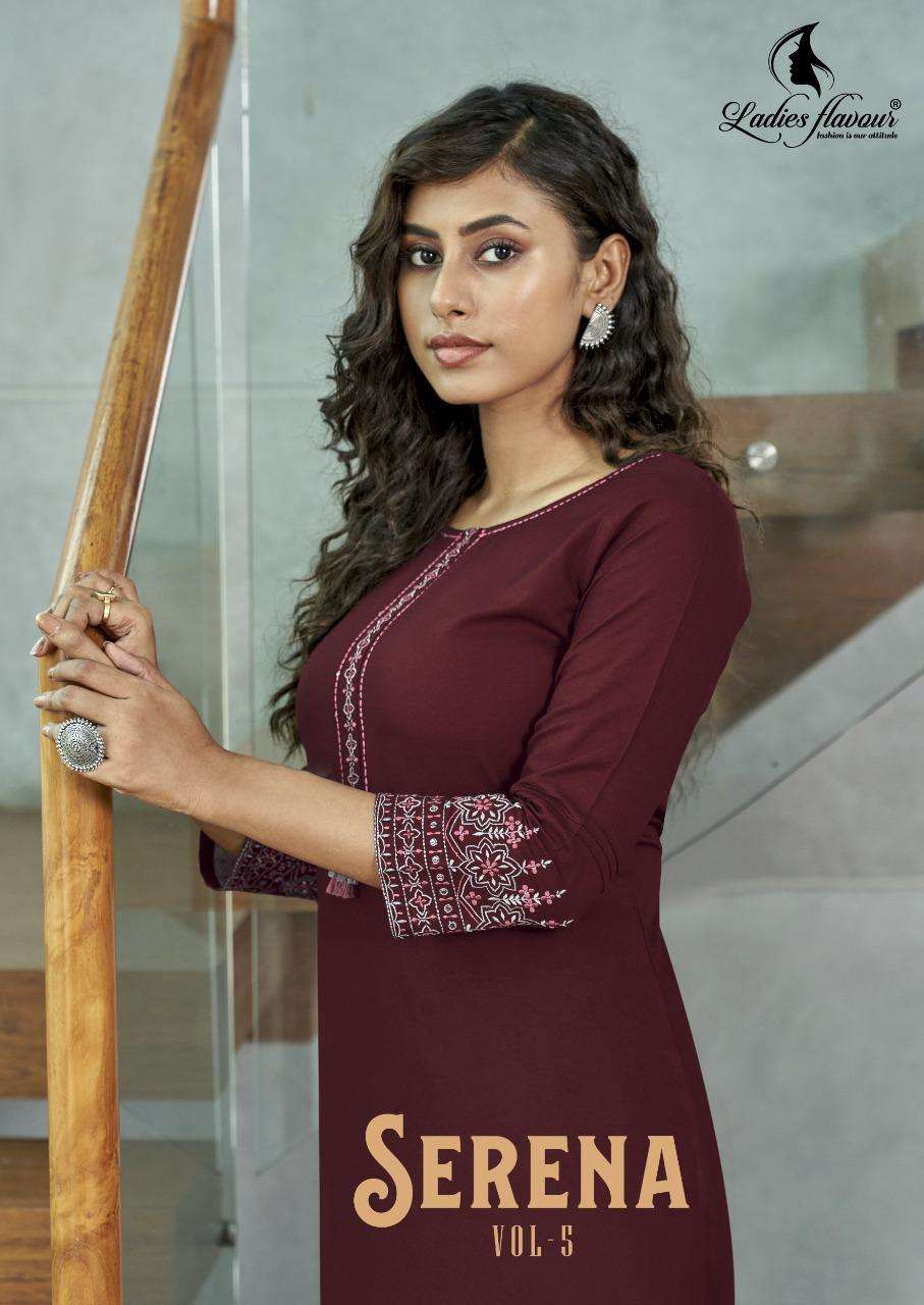 LADIES FLAVOUR PRESENTS SERENA 5 RAYON EMBROIDERY WHOLESALE KURTI